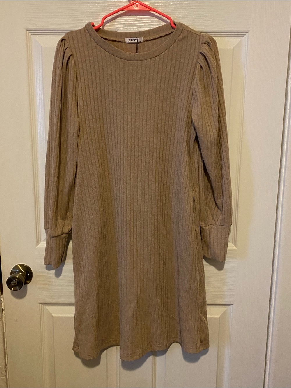 Ribbed Puff-Sleeve Knit Dress - Taupe